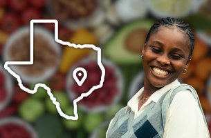 Image. Left: State of texas outline with Houston GPS marker. Right: Woman smilin. Food in background